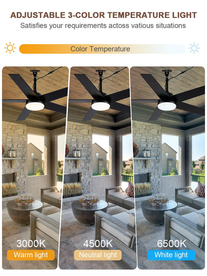 Bella Depot 48" Outdoor Ceiling Fan Black Waterproof Gazebo Fan with Light Smart App Remote Control Hanging Fan for Outside Patios Pergola Tent Plug-in Design Adjustable Brightness (48"- Black)