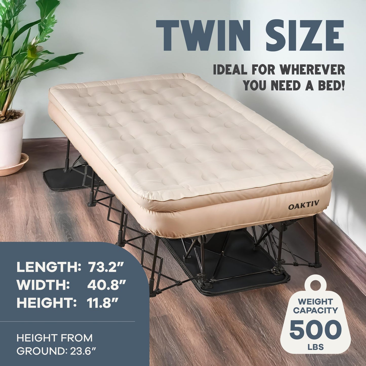 Oaktiv Twin Air Mattress with Frame, Self Inflating/Deflating Bed for Adults - PeakRest Blow Up Bed, Camping Cot with Mattress - Portable with Travel Rolling Case on Wheels