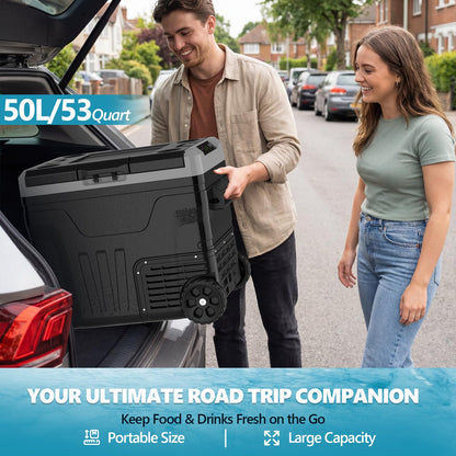 Kndko 12 Volt Car Refrigerator, 53 Quart (50L) Dual Zone Electric Cooler, Fast Cooling Portable Fridge 12V/24V DC 100-240V AC, -4℉~68℉, 12v Cooler with Wheels & Baskets for Camping, Road Trip, Truck