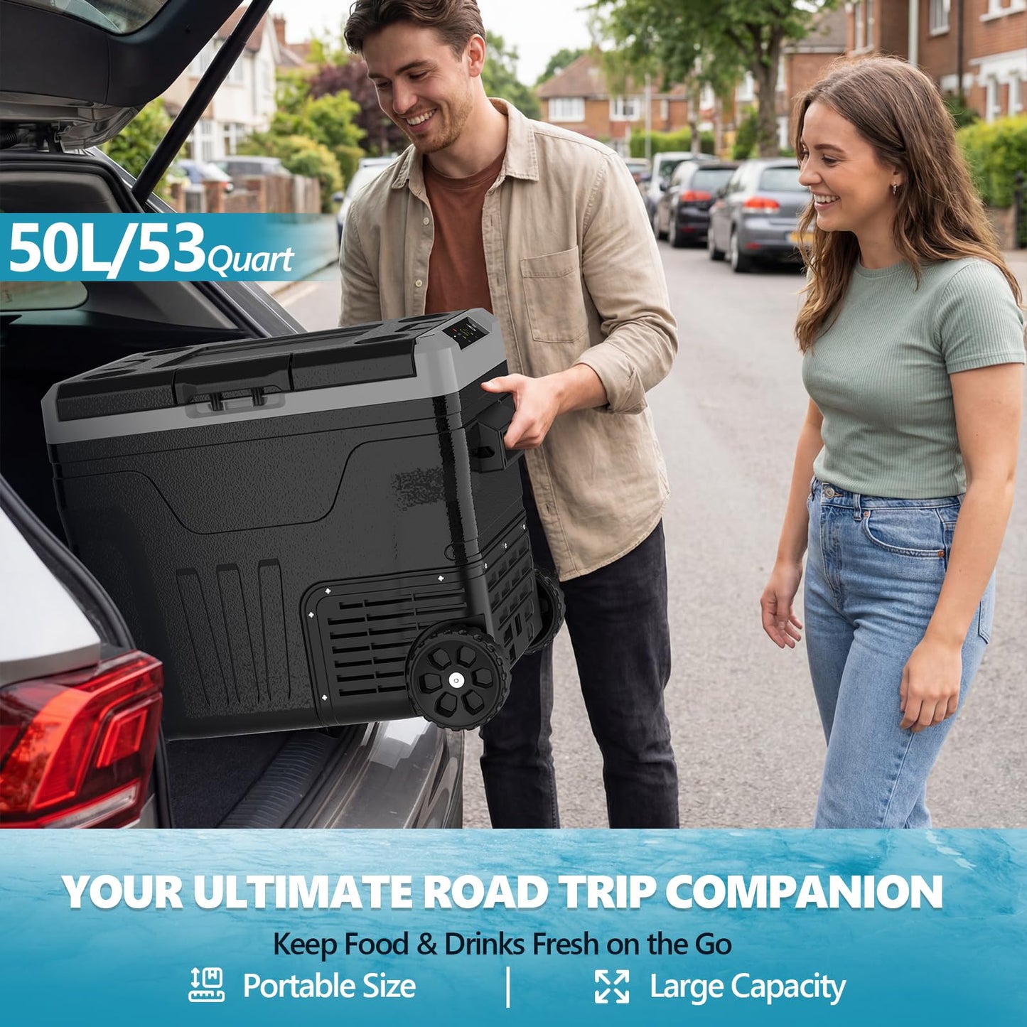 Kndko 12 Volt Car Refrigerator, 53 Quart (50L) Dual Zone Electric Cooler, Fast Cooling Portable Fridge 12V/24V DC 100-240V AC, -4℉~68℉, 12v Cooler with Wheels & Baskets for Camping, Road Trip, Truck