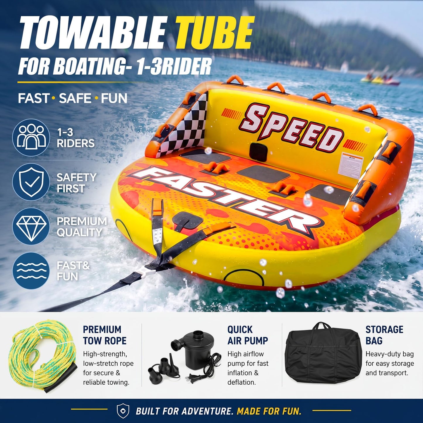 ZeahVeyora Towable Tube for Boating,1-3 Rider Mable Style Inflatable Water Tube with Storage Bag,Tow Rope & UL Certified Electric Air Pump,Full Nylon Cover,Dual Tow Point, Quick Inflation & Deflation