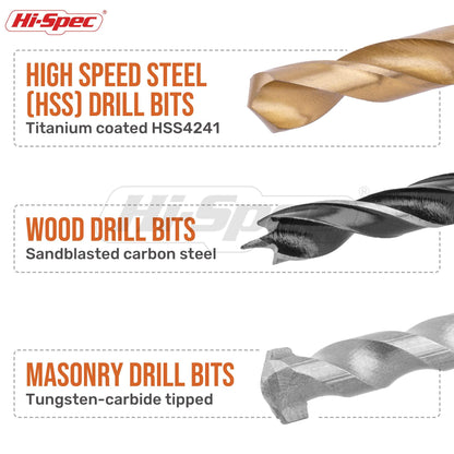 Hi-Spec Drill Bit Set 130pc Multi SAE – 11 Sizes 1/16in to 3/8in – HSS Titanium, Masonry & Brad Point Steel Bits – Drill Bits for Metal, Wood, Plastic, Drywall, Brick & Concrete – with Tray Case