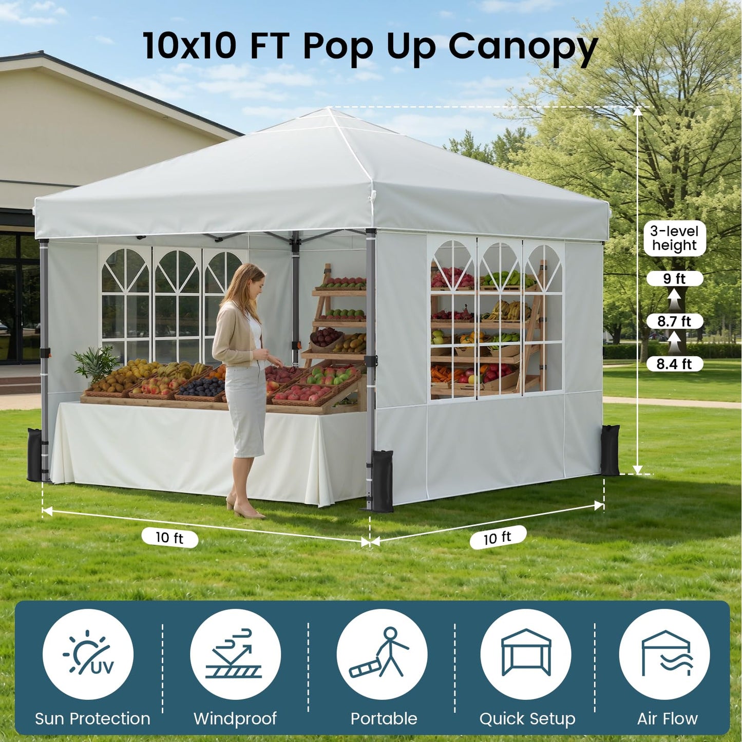 Raynesys Pop Up Canopy Tent with Sidewalls, 10x10ft 10 Person Party Tent One Push Setup, Portable Gazebo Outdoor Sun Shade for Events, Parties, Camping, Commercial, Silver Coated Top, White