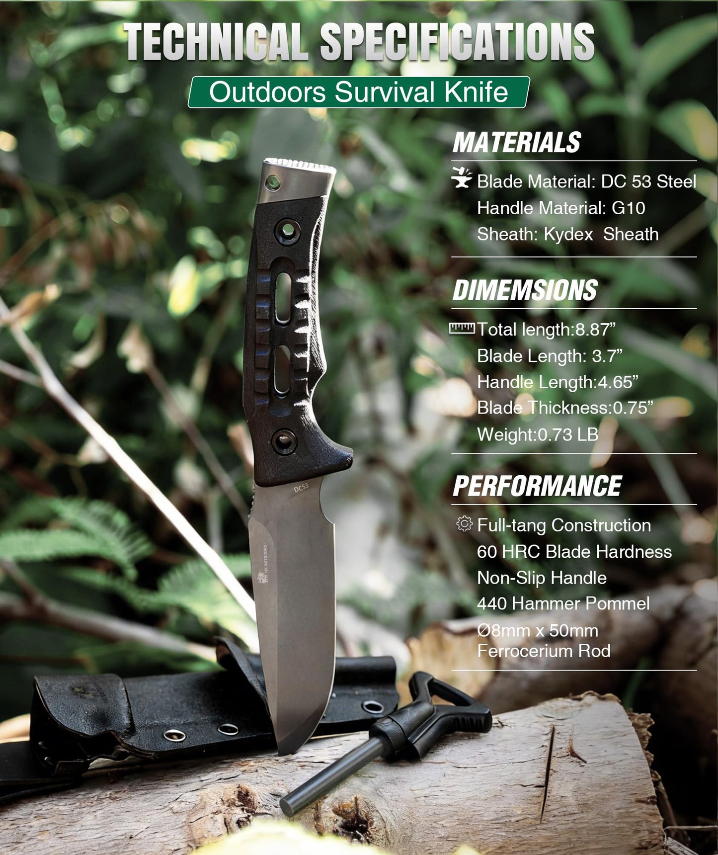 HX OUTDOORS 2-Pcs Survival Kit: 14" DC53 Steel Kukri Machete & Fixed Blade Camping Knife with Kydex Sheaths, Heavy Duty Bushcraft Tool Set for Clearing Brush, Yard Work & Camping