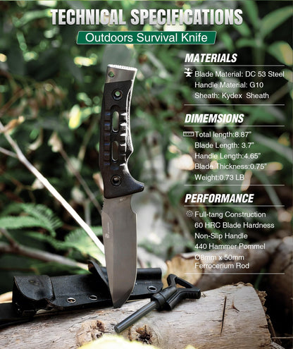 HX OUTDOORS 2-Pcs Survival Kit: 14" DC53 Steel Kukri Machete & Fixed Blade Camping Knife with Kydex Sheaths, Heavy Duty Bushcraft Tool Set for Clearing Brush, Yard Work & Camping