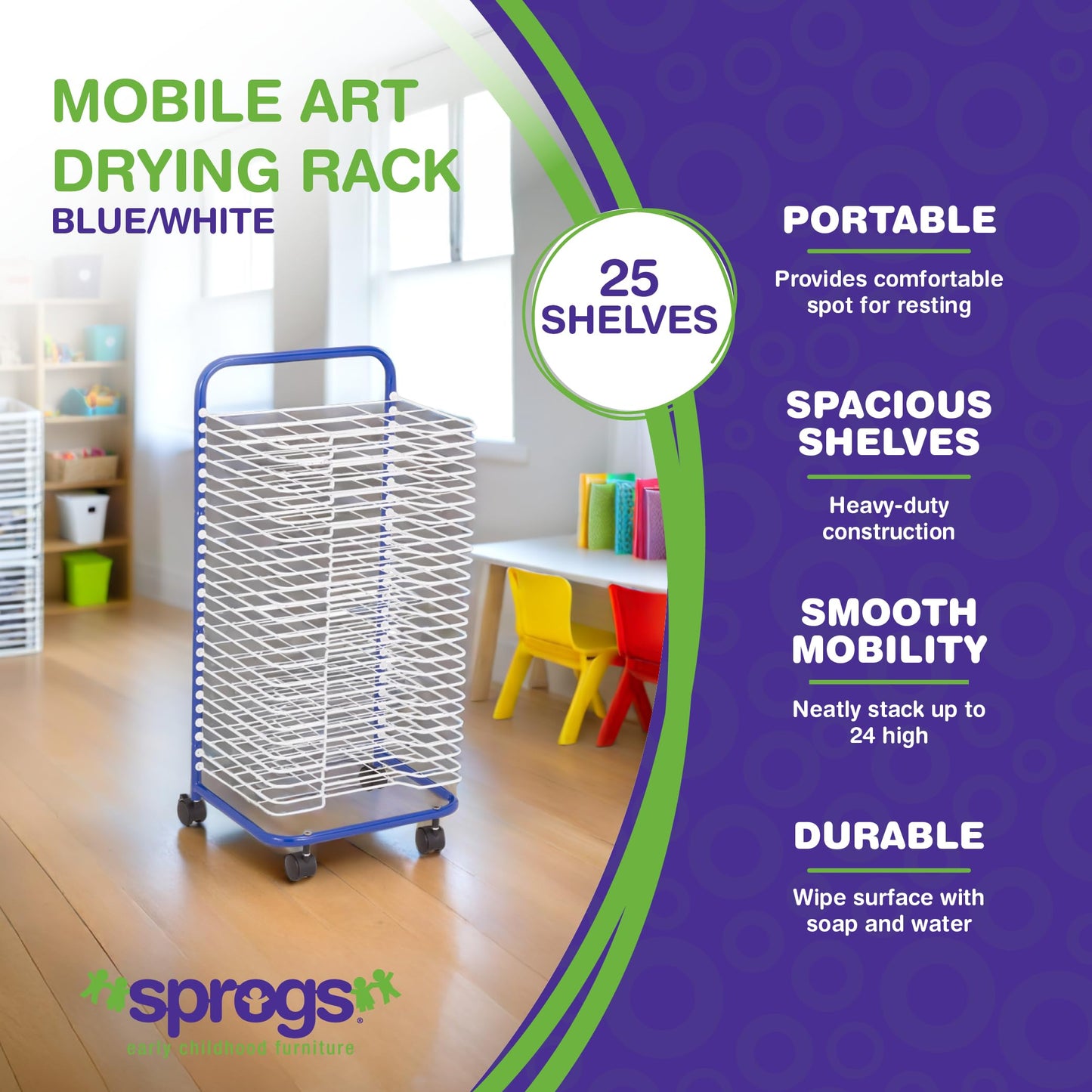 Sprogs 25-Shelf Mobile Art Drying Rack for Classrooms and Art Studios, Heavy-Duty Steel Rolling Art Rack Cart with 25 Shelves, Blue/White