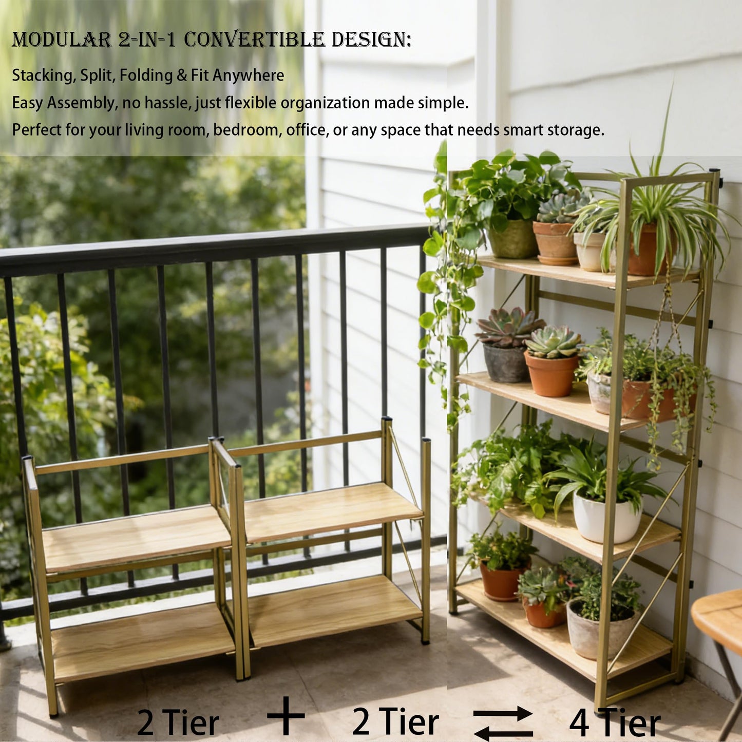Kogven Folding Bookshelf, 2-in-1 Convertible Design, Multifunctional Plant Stand Storage Rack Shelves for Home Office, Easy Assembly, 4-Tier,Gold & Nature Wood
