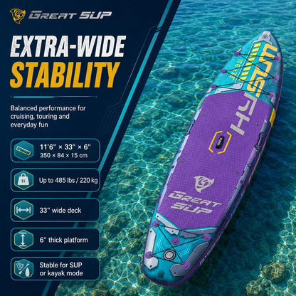 11'6'' Inflatable Stand Up Paddle Board for Adults, Non Slip Deck Blow Up Paddle Board for Fishing Yoga, Paddleboards with SUP Accessories, Fins, Leash, Air Pump, Seat, Backpack