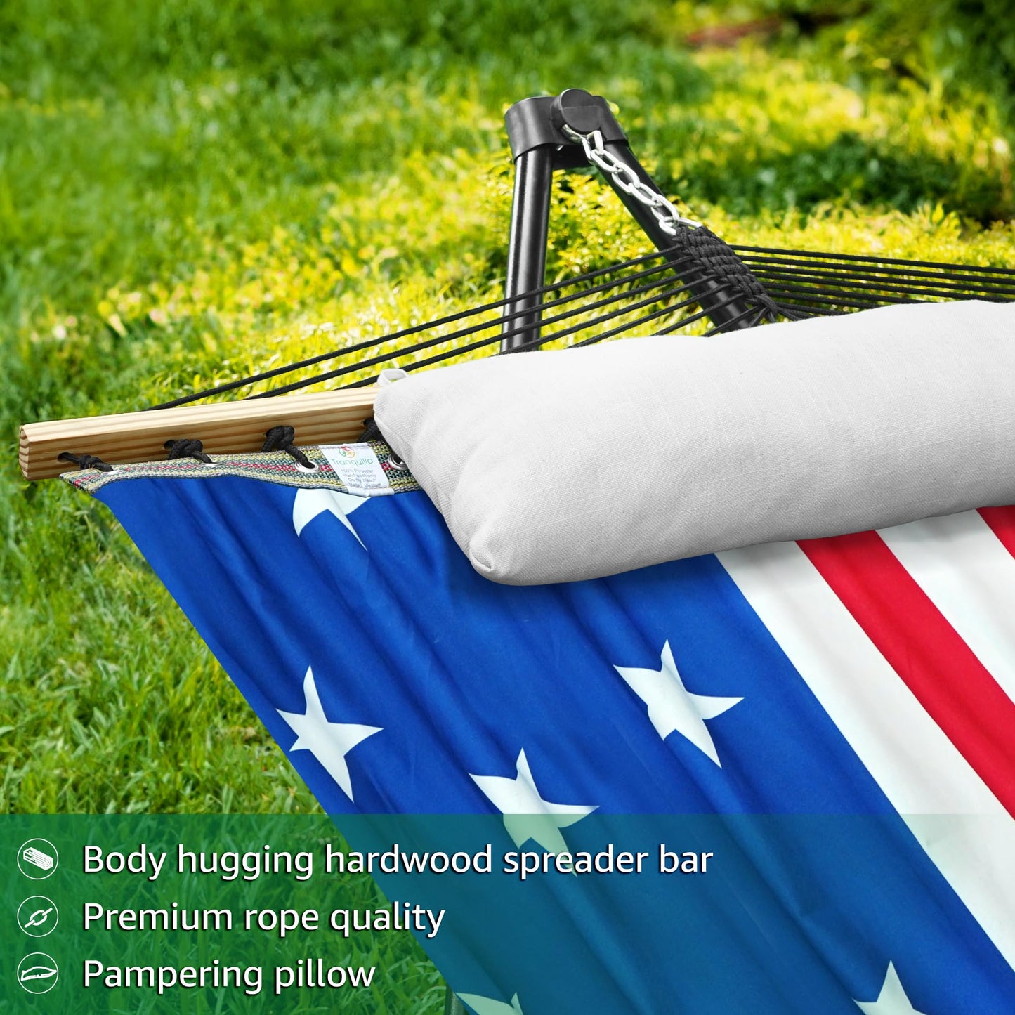 Tranquillo Unity with Hammock Stand, 800 lbs Capacity Steel Double Hammock Stand for 2 Persons, Premium Pre-Assembled Stand for Indoor Outdoor (American Flag)