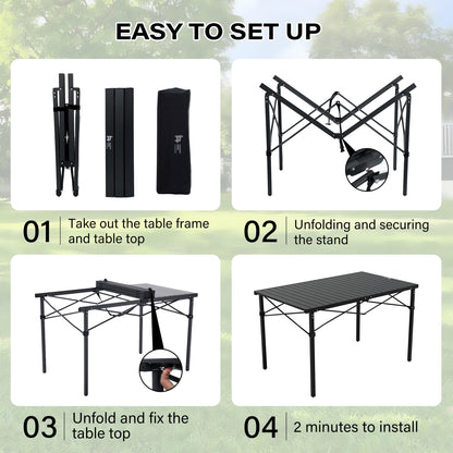OUTSIDER Folding Camping Table with Aluminum Roll-up Tabletop Portable Lightweight Beach Table with Carry Bag for Outdoor Cooking, Picnic, BBQ, Travel, Backyard, Black, 46" x 28"