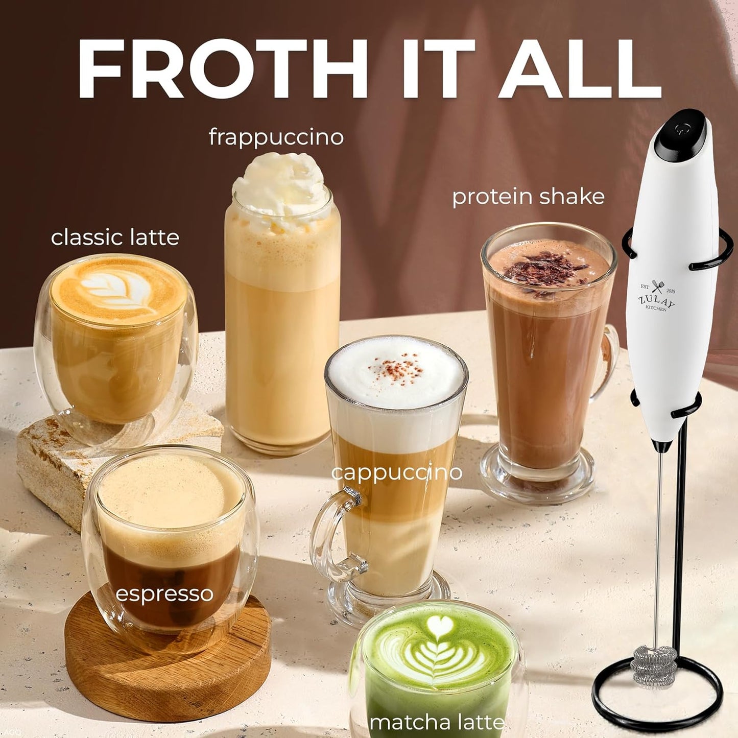 Zulay Kitchen Tornado Triple Whisk Milk Frother - Handheld Foam Maker for Coffee & Lattes - White & Black