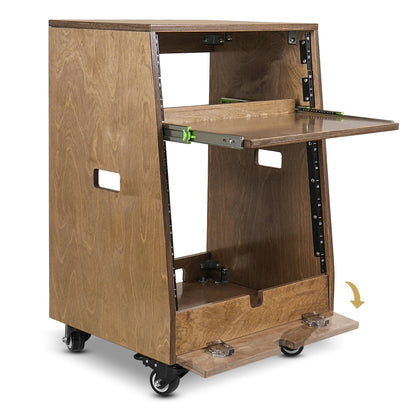 Sound Town DIY Slanted 12U Studio Rack (4U Top + 8U Lower), with 2U Bottom Storage, Slide-Out Tray, Caster, Plywood, Weathered Brown for Recording Room, Home Studio (SDRK-ST12TB)
