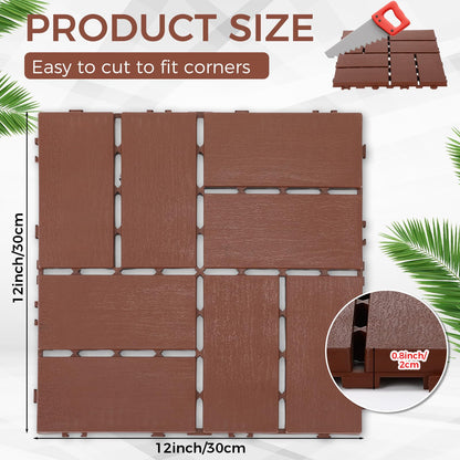 BreezeHug 44 Pack Interlocking Deck Tiles 12"x12"x0.8" Plastic Waterproof Floor Tiles, Outdoor Interlocking Flooring Panels for Patio Garden Poolside Balcony Porch(Brown)