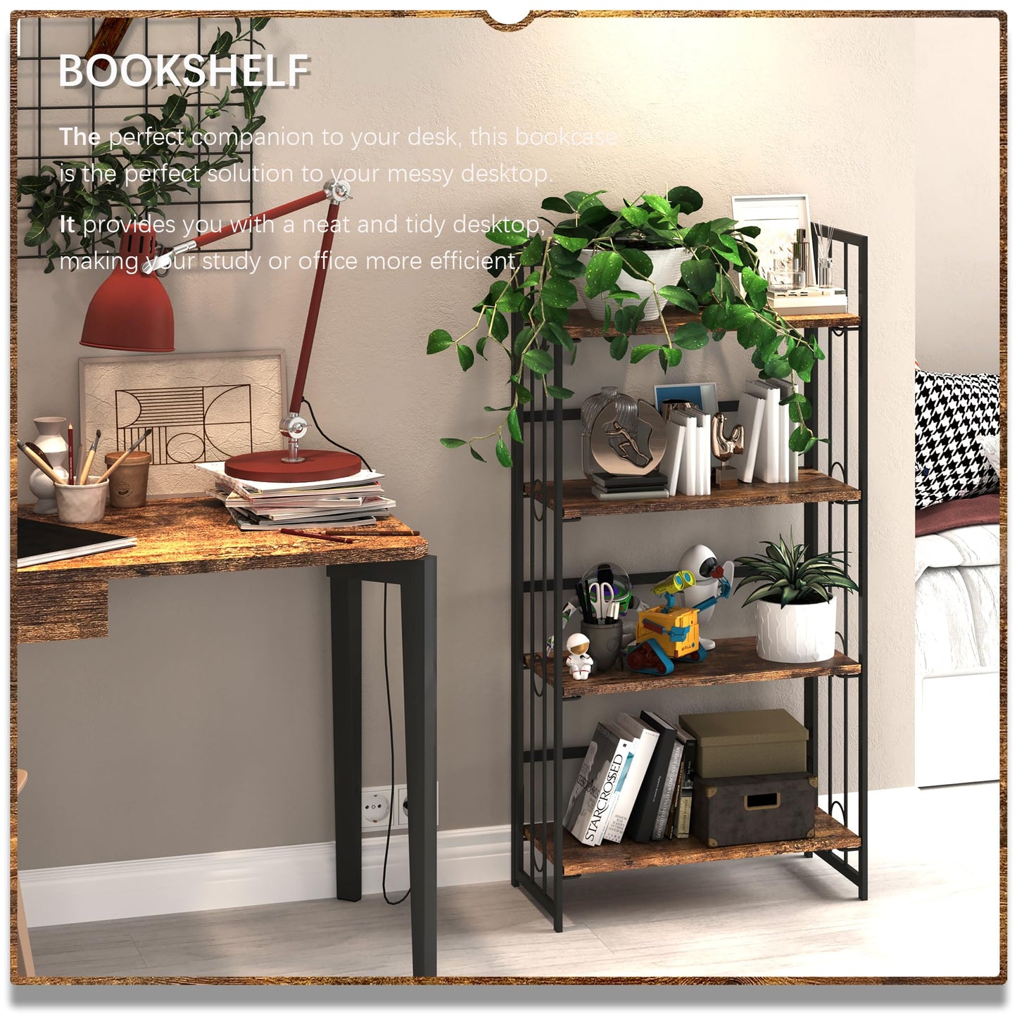 4NM No Assembly 4 Tiers Folding Bookshelf, 47.2" H Foldable Storage Shelves Vintage Bookcase Standing Racks Study Organizer Home Office - Rustic Brown Black