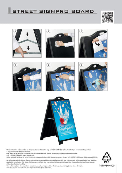 M&T Displays Street SignPro Board, Black 24x36 Inch Sandwich Board A-Frame Sidewalk Curb Sign Holder Folding Portable Double Sided Advertising Display for Restaurant Cafe