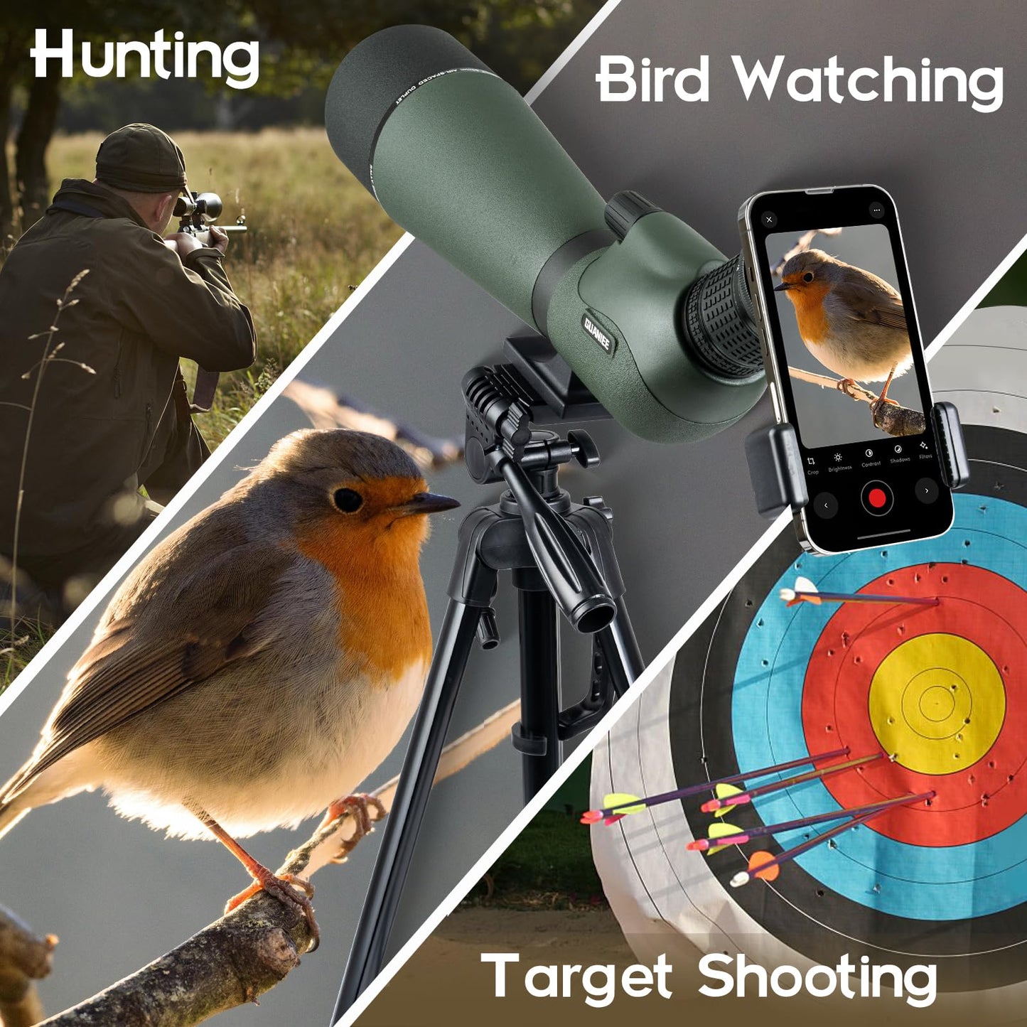 GUANIEE 25-75x80 Spotting Scope for Target Shooting with Full Size Tripod Carrying Bag and Phone Adapter Spotter Scope for Bird Watching, Wildlife Viewing Mud