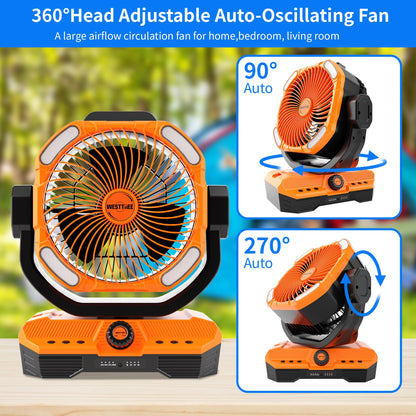 WESTTREE Battery Operated Large Airflow Fan,45000mAh Rechargeable Camping Cordless Fan with 360°Auto Oscillation & Timer, Queit Battery Powered Tent Fans Portable with RGBW Lights for Home X66 Orange