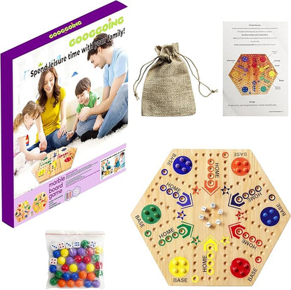 Wooden Board Game Original Marble Game Double Sided Painted 2 to 6 Player Fast Track Board Game Wooden with 6 Colors 24 Marbles 6 Dice for Adults Kids Family(15 INCH)