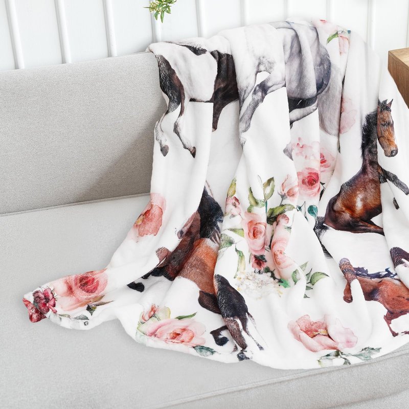 JarThenaAMCS Floral Horse Fuzzy Blanket 60 x 50 Inch Farmhouse Throw Blanket Watercolor Flower Cow Soft Cozy Flannel Blankets for Home Chair Sofa Couch Bed