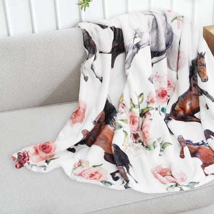 JarThenaAMCS Floral Horse Fuzzy Blanket 60 x 50 Inch Farmhouse Throw Blanket Watercolor Flower Cow Soft Cozy Flannel Blankets for Home Chair Sofa Couch Bed