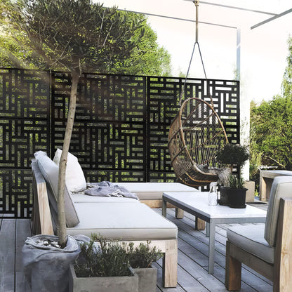 Elevens Metal Outdoor Privacy Screen, Freestanding Outdoor Divider Decorative Privacy Fence Screen, Fence Panels for Balcony Patio,72‘’H×47‘’W (Black-Retangle)