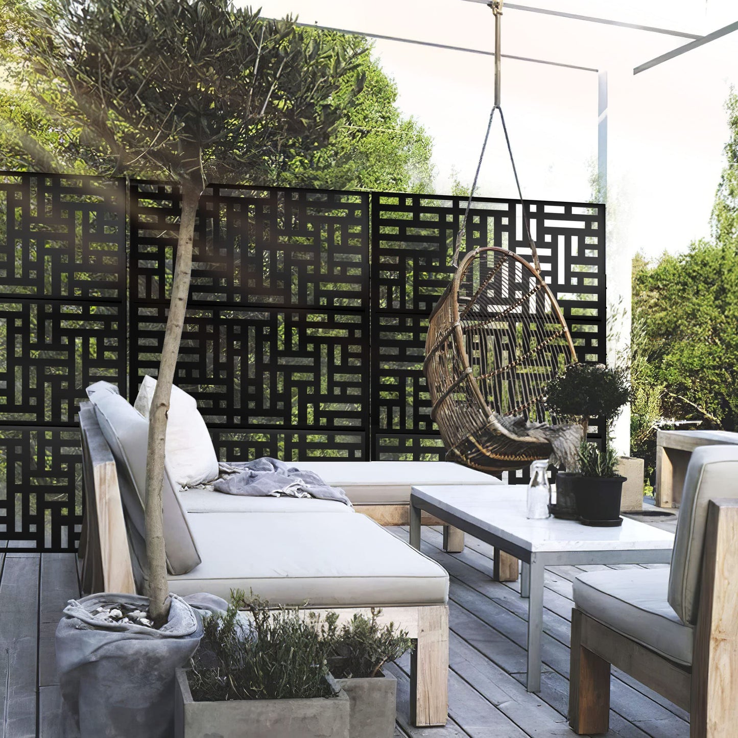 Elevens Metal Outdoor Privacy Screen, Freestanding Outdoor Divider Decorative Privacy Fence Screen, Fence Panels for Balcony Patio,72‘’H×47‘’W (Black-Retangle)