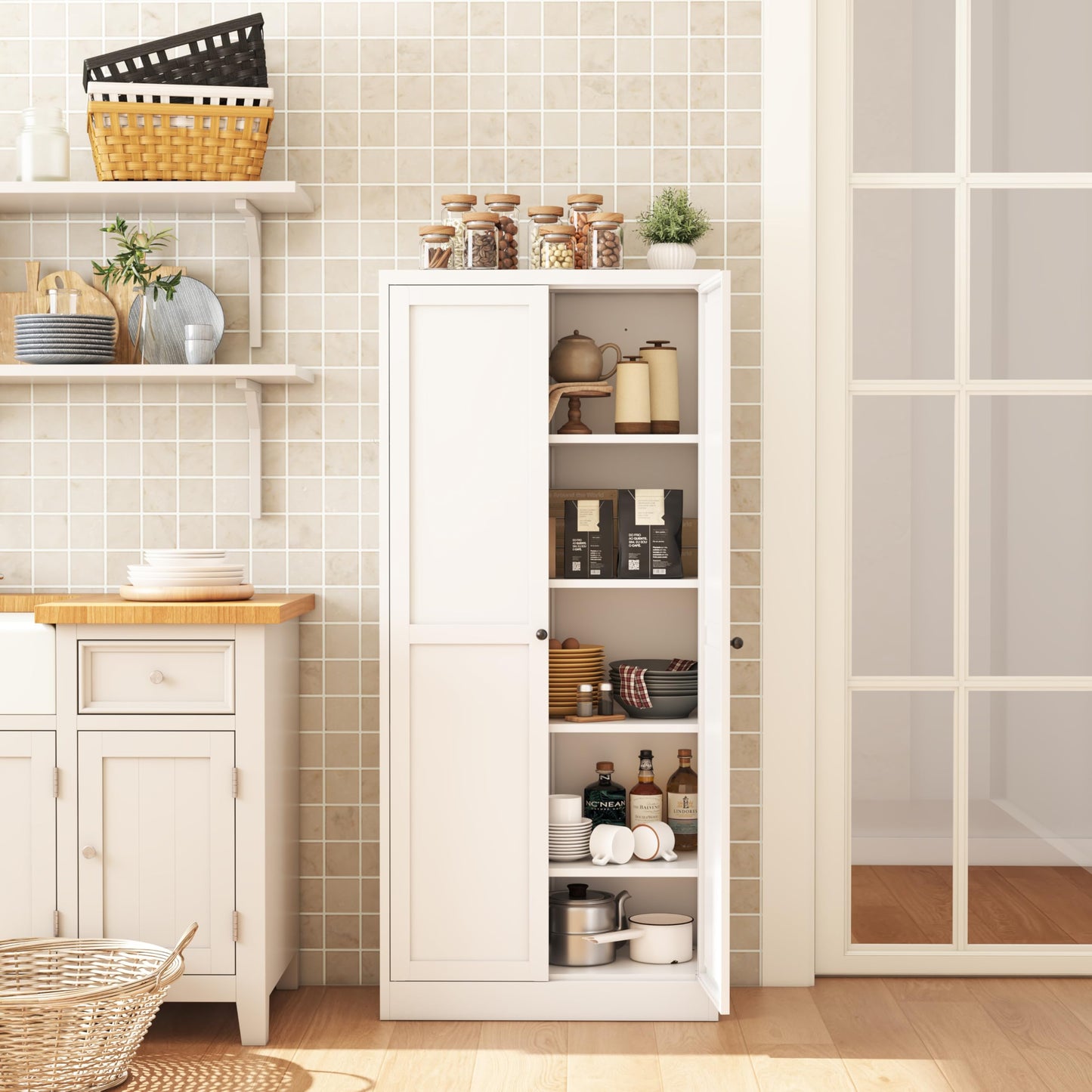 FOSTOKO Kitchen Pantry Cabinet, 61 Inch Tall Storage Cabinet, Metal Cabinet with Doors and Adjustable Shelves, Food Pantry Storage Cabinet for Kitchen Room, White