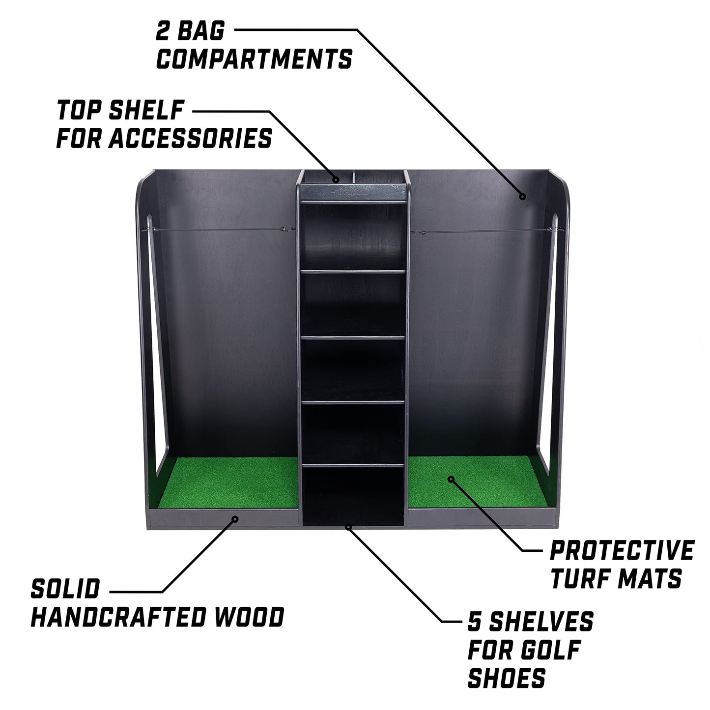 GoSports Premium Wooden Golf Bag Organizer and Storage Rack - Black