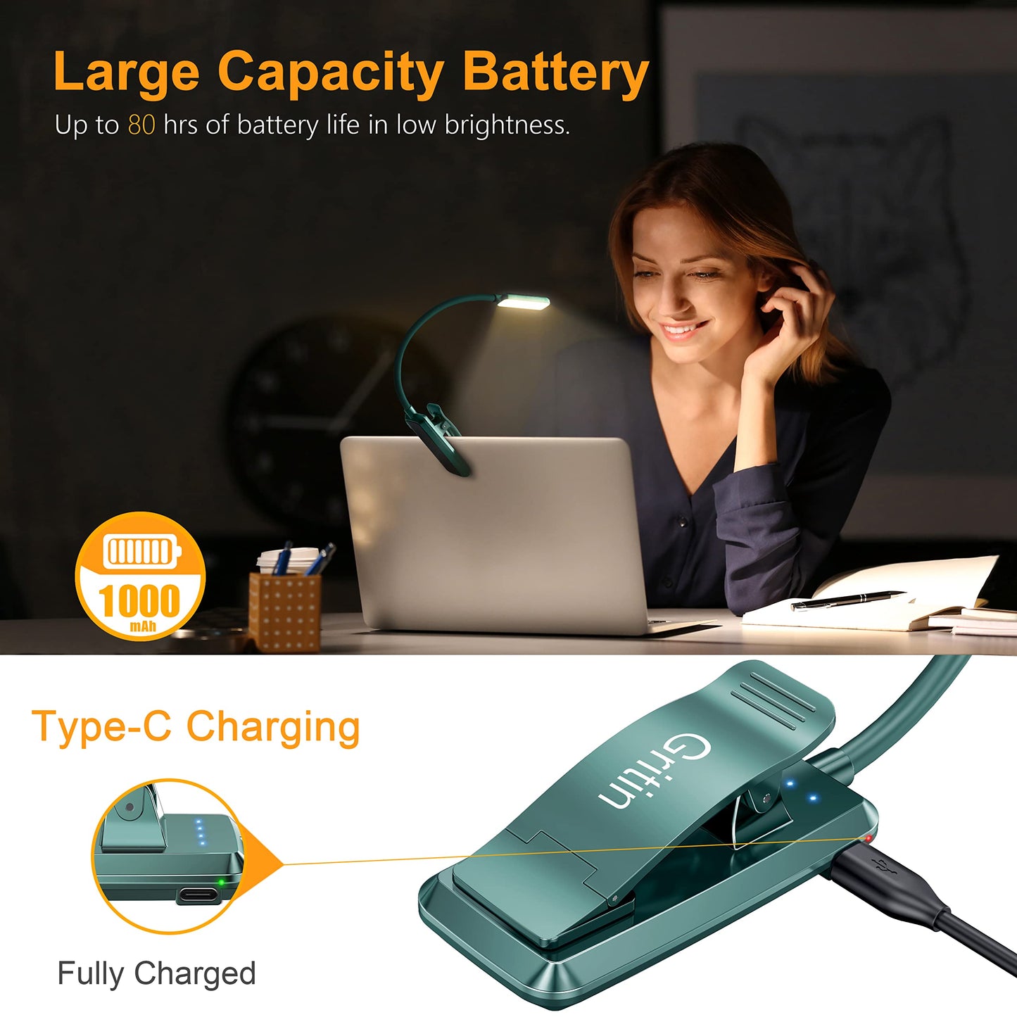 Gritin 9 LED Rechargeable Book Light for Reading in Bed - Eye Caring 3 Color Temperatures,Stepless Dimming Brightness,80 Hrs Runtime Small Lightweight Clip On Book Reading Light for Studying