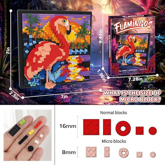 Flamingo Bird Animal 3D Wall Art Micro Mini Building Blocks Set Unique Home Wall Decor or Table Display No Compatible with Lego Ideal Gift Toy for Adults &amp Boys Girls 14+ (1319 PCS)
