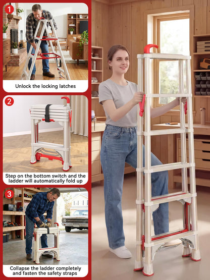 6-Step Folding Step Stool, 5.4 FT Compact Climbing Ladder with Secure Lock, Wide Non-Slip Steps & Anti-Skid Feet, Portable Carbon Steel Folding Ladder for Home, Garage, Warehouse,White