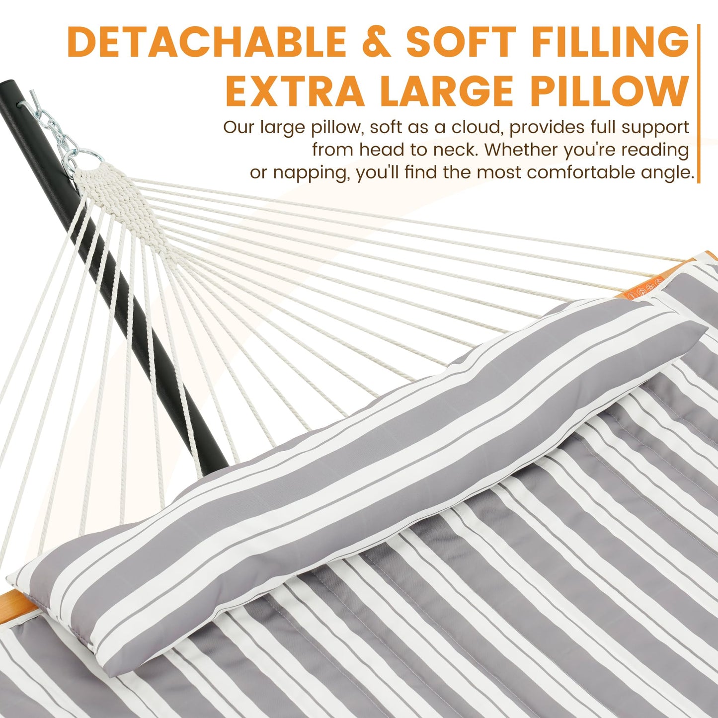 Lazy Daze Hammocks Rope Hammock with Pad, Spreader Bar, Carabiners, Tree Straps, Chains for Outside Patio- Max 450 Lbs, Light Grey Stripes