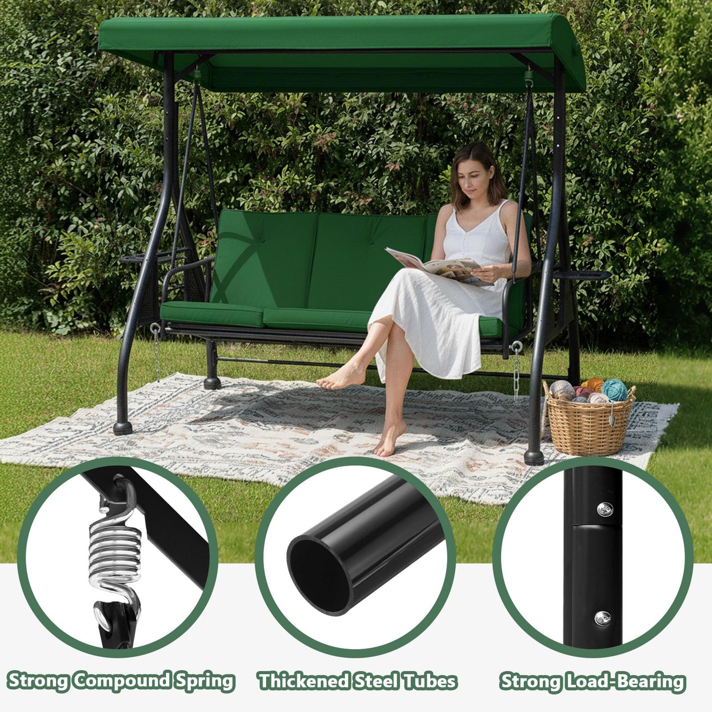 3-Seat Outdoor Porch Swing Glider with Stand, Convertible Patio Swings Bed with Foldable Side Tray & Thicker Cushion for Balcony Garden Deck Poolside - Green