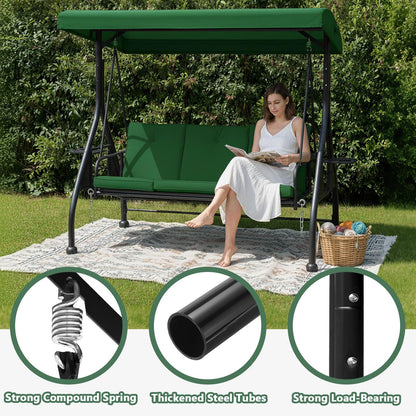 3-Seat Outdoor Porch Swing Glider with Stand, Convertible Patio Swings Bed with Foldable Side Tray & Thicker Cushion for Balcony Garden Deck Poolside - Green