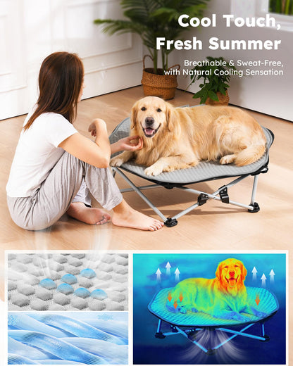 Pecute Elevated Dog Bed with Cooling Blanket, Chew Proof Outdoor Pet Cot for Large Dogs, Tool-Free Assembly & 360° Breathable Mesh for Summer Camping, Orthopedic Joint Support, XL, 38.2×35.4×7.9"