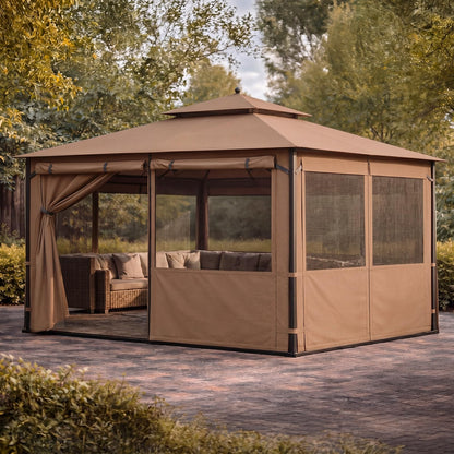 Batiyeer Gazebo Privacy Curtains 10' x 10' Outdoor Gazebo Curtains Waterproof with Mosquito Net Windows, Replacement 4-Panels Side Wall with Zippers for Patio Garden and Backyard, Brown(Curtain Only)