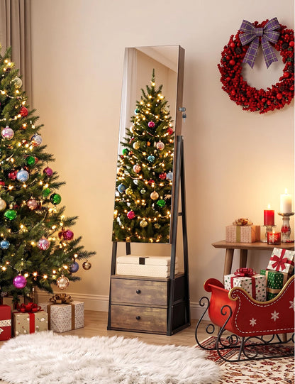 Nicetree Jewelry Cabinet,Standing Jewelry Mirror with Storage, Mirror Jewelry Armoire with 2 Drawers, Full Length Mirror with Lock, Shelf, Polishing Cloth,Wood Grain Brown