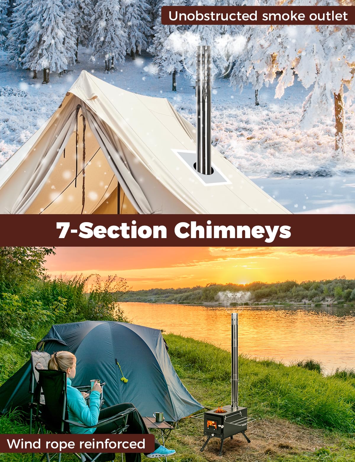 YRenZ Upgraded Hot Tent Stove – High-Temperature Wood Burning with 7-Section Roll-Edge Chimney, Reinforced Door Frame, Airtight Body & Tempered Glass – Portable for Camping, Ice Fishing, Hunting