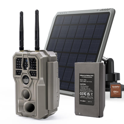 GardePro E8 2.0 Pro WiFi Trail Camera with SP300 Solar Panel, 4K Ultra HD & 64MP, 165ft Long-Range WiFi, Built-in 7800mAh Battery + 64GB SD Card, Dual Antennas, Wildlife Monitoring Camera
