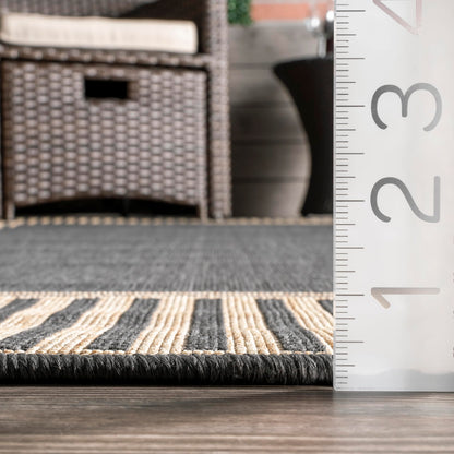 Nuloom Asha Dark Grey/Ivory, 6'7" Round, Casual, Striped Border, Soft and Cozy, High Traffic, Stain Resistant, Easy Clean, Durable Area Rug for Indoor/Outdoor Patio, Deck, Porch, Garden, Courtyard