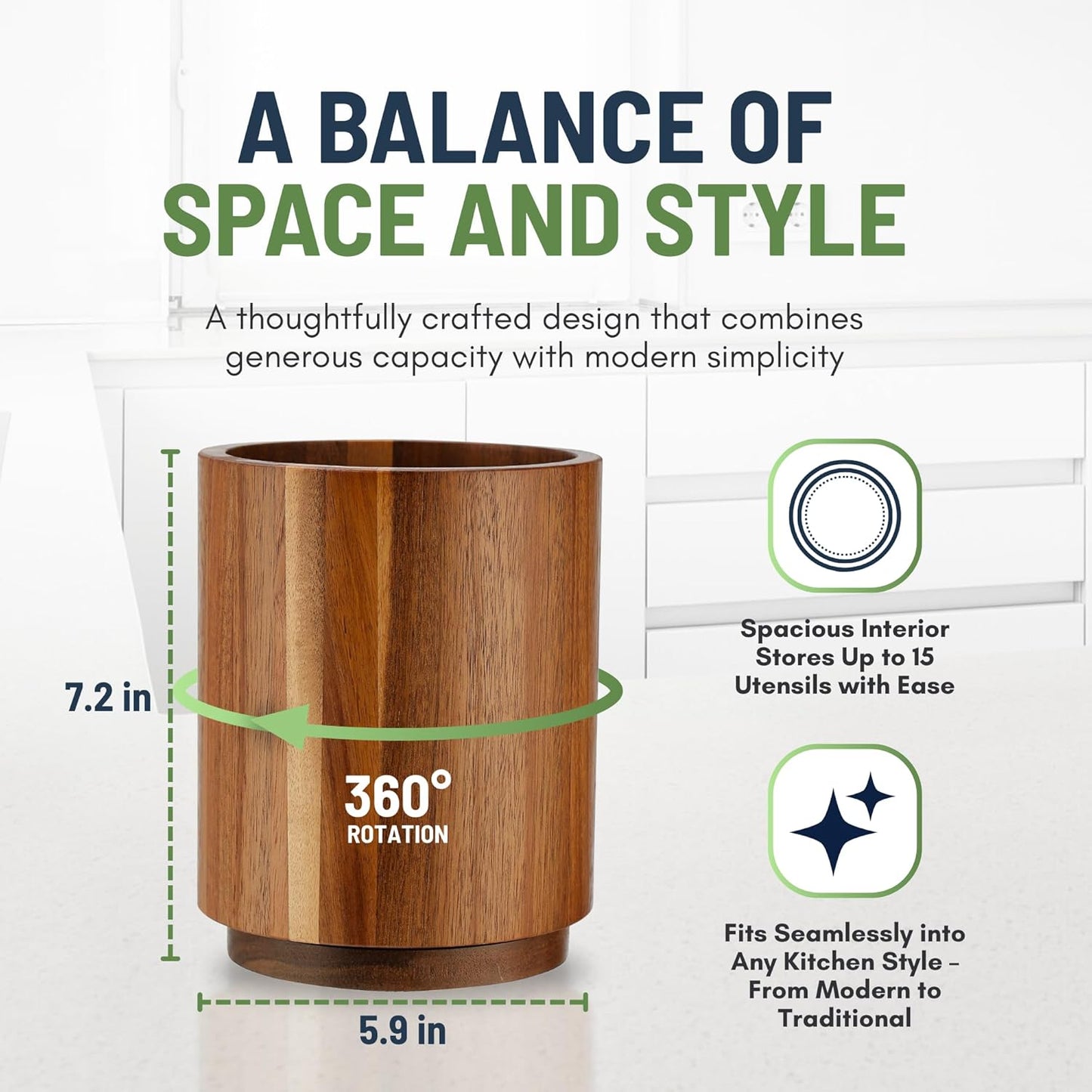 Linda's Essentials Acacia Wooden Utensil Holder - 360° Rotating Non-Slip Design for Kitchen Counter