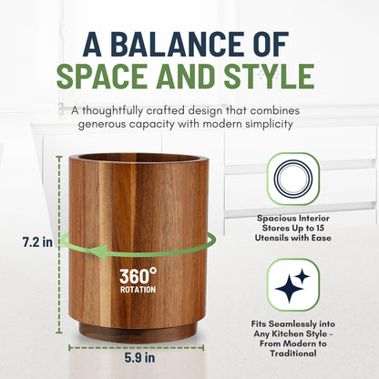 Linda's Essentials Acacia Wooden Utensil Holder - 360° Rotating Non-Slip Design for Kitchen Counter