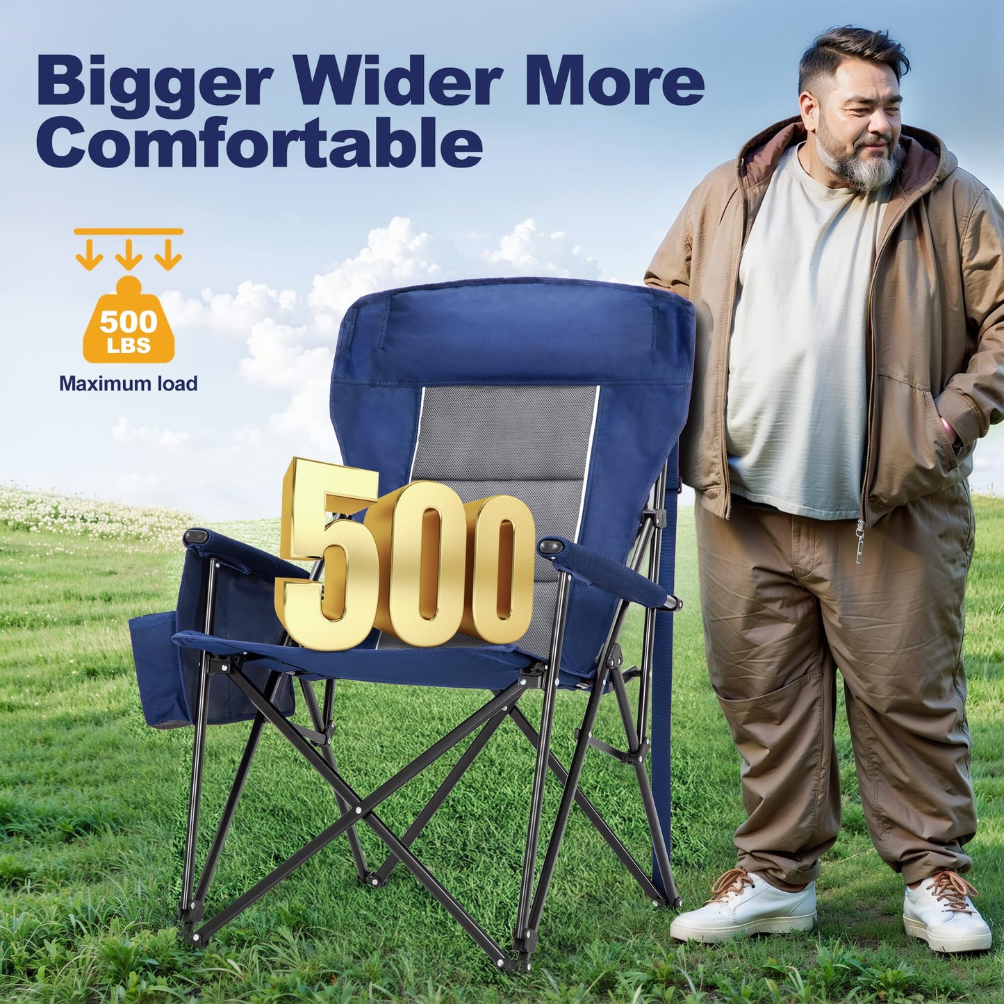 LET'S CAMP Oversized Camping Chairs 29.52" High Back Heavy Duty Lawn Chair Support 500LBS, Portable Collapsible Chair with Cup Holder, Side Pocket,2 Pack(Blue)