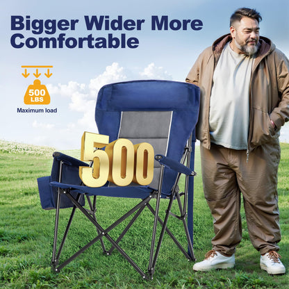 LET'S CAMP Oversized Camping Chairs 29.52" High Back Heavy Duty Lawn Chair Support 500LBS, Portable Collapsible Chair with Cup Holder, Side Pocket,2 Pack(Blue)