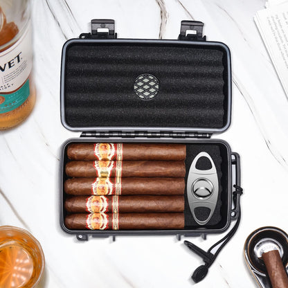 Flauno Travel Cigar Humidor Case - Portable Cigar Box with Humidifier Disc & Cigar Cutter | Waterproof | Airtight | Durable (Holds up to 10 Cigars)