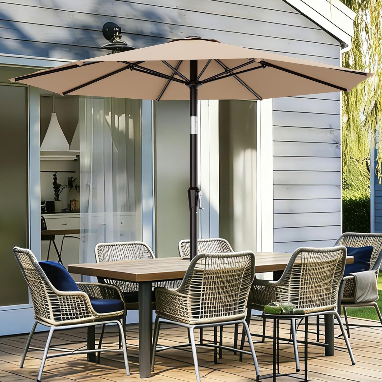 AreShark 9 FT Patio Umbrella - Outdoor Table Umbrella with Push Button Tilt & Crank | Beige, 8 Sturdy Ribs