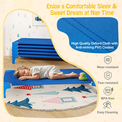 Giantex Stackable Daycare Cots for Sleeping, 53" L x 24" W Portable Nap Cots for Kids and Toddlers w/Easy Lift Corners, Space-Saving Toddler Bed for Preschool Classroom Pet Daycare, Pack of 6, Blue