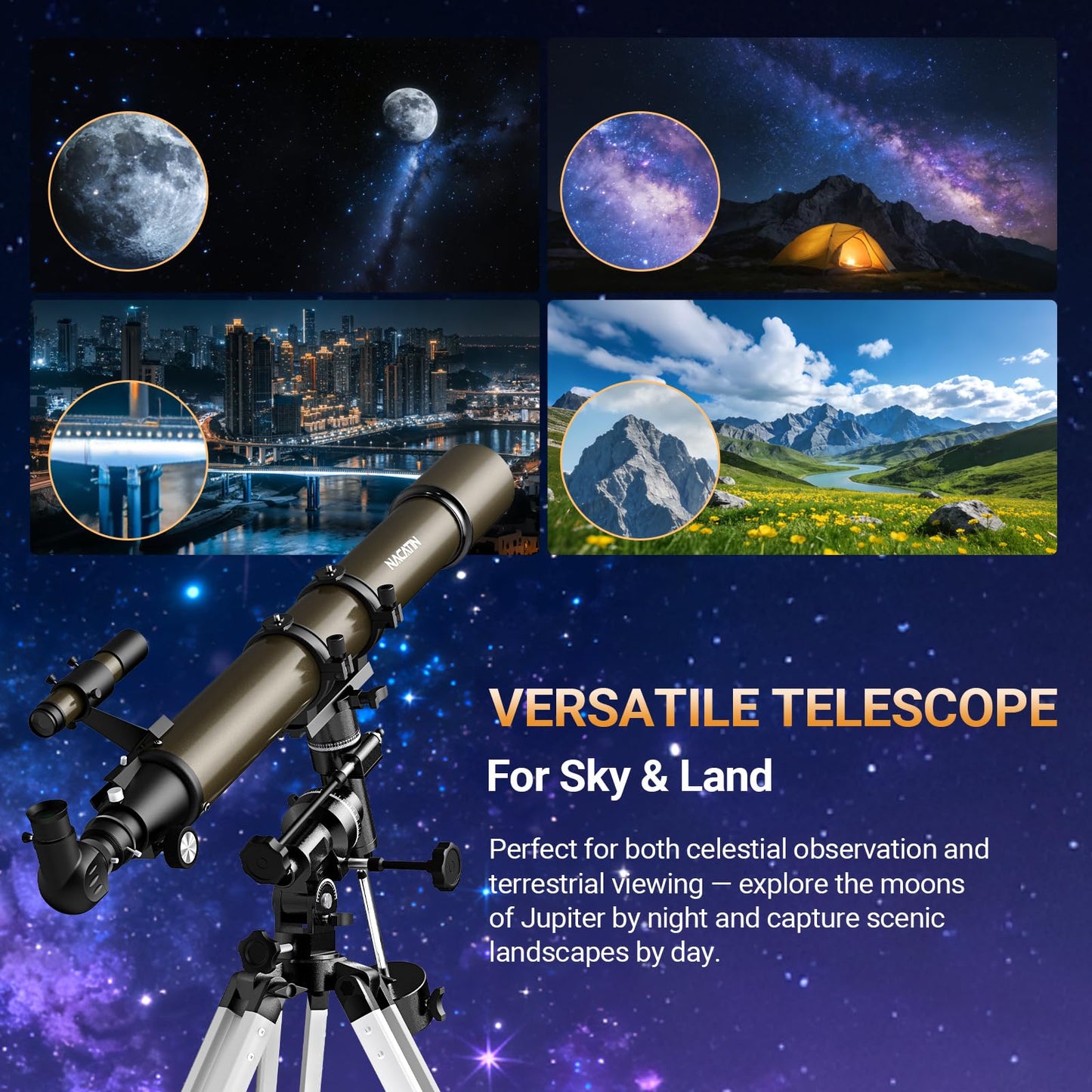 NACATIN Telescope, 90mm EQ Refractor Telescope for Adults & Professionals, High Powered Portable Telescope with Phone Adapter for Astrophotography, Easy Setup Travel Telescope to See Moon,Planet