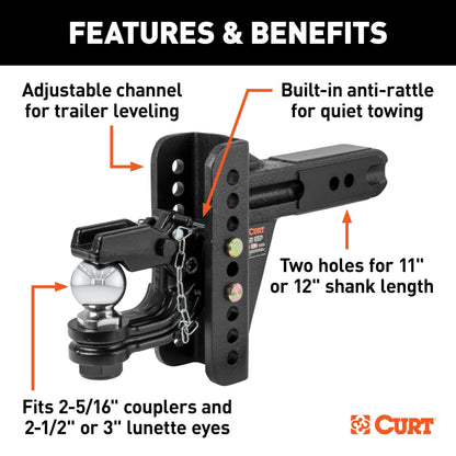 CURT 45908 Adjustable Pintle Hitch Combination, 2-1/2-Inch Receiver, 6-Inch Drop, 2-5/16-Inch Ball, 20,000 lbs