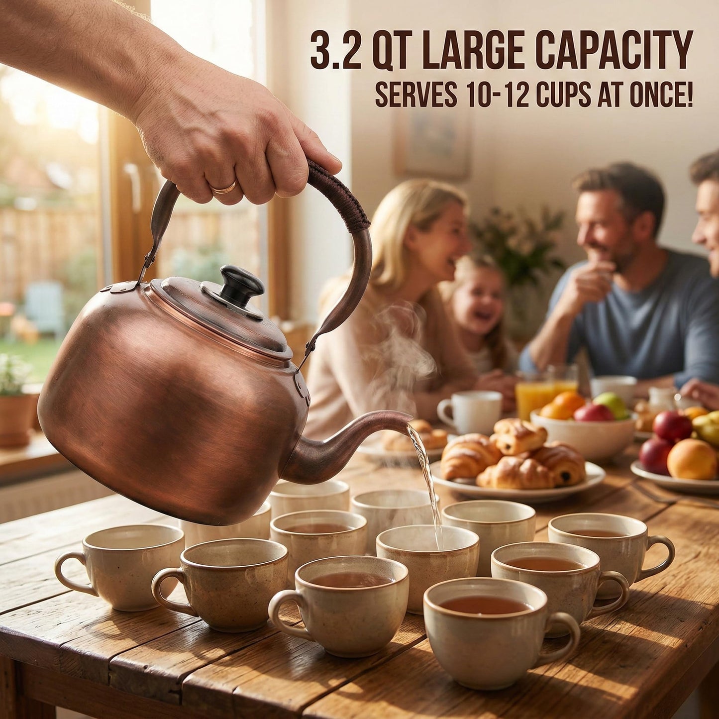 wloadry Copper Whistling Tea Kettle, Large Capacity with Cool-Touch Rope Handle,thicker Solid Copper Pot for Induction, Gas, Electric Stovetops, Fast Boiling Vintage Tea Maker (Bronze, 3.2 QT)